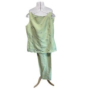 Jennifer Eden Outfit Women 12 Mint Green Pants Tank Blouse Set Cutout Eyelet